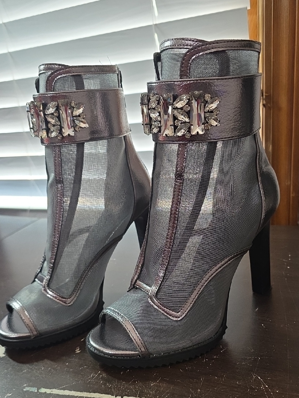 Karl Lagerfeld Silver Mesh Peep-Toe Jeweled Ankle Boots